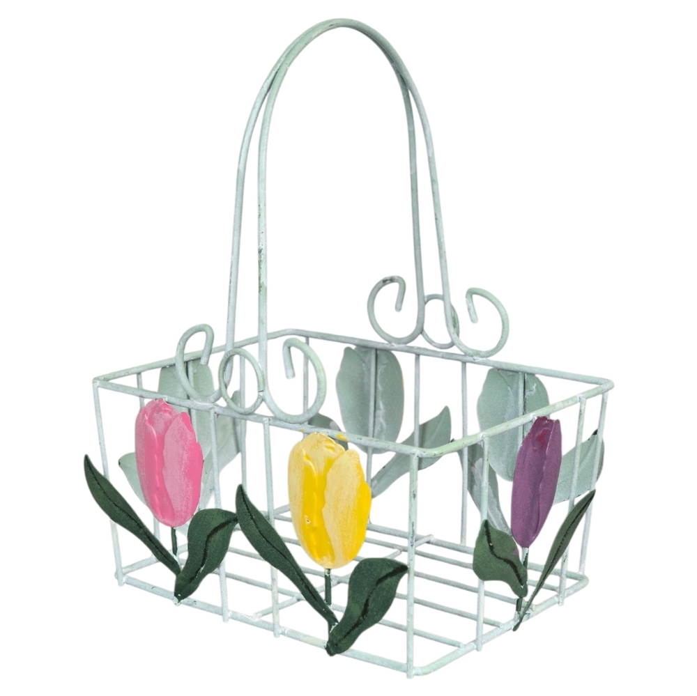 *VTG* Tulip Wire Basket with Handle, Vintage Floral Garden Metal Basket